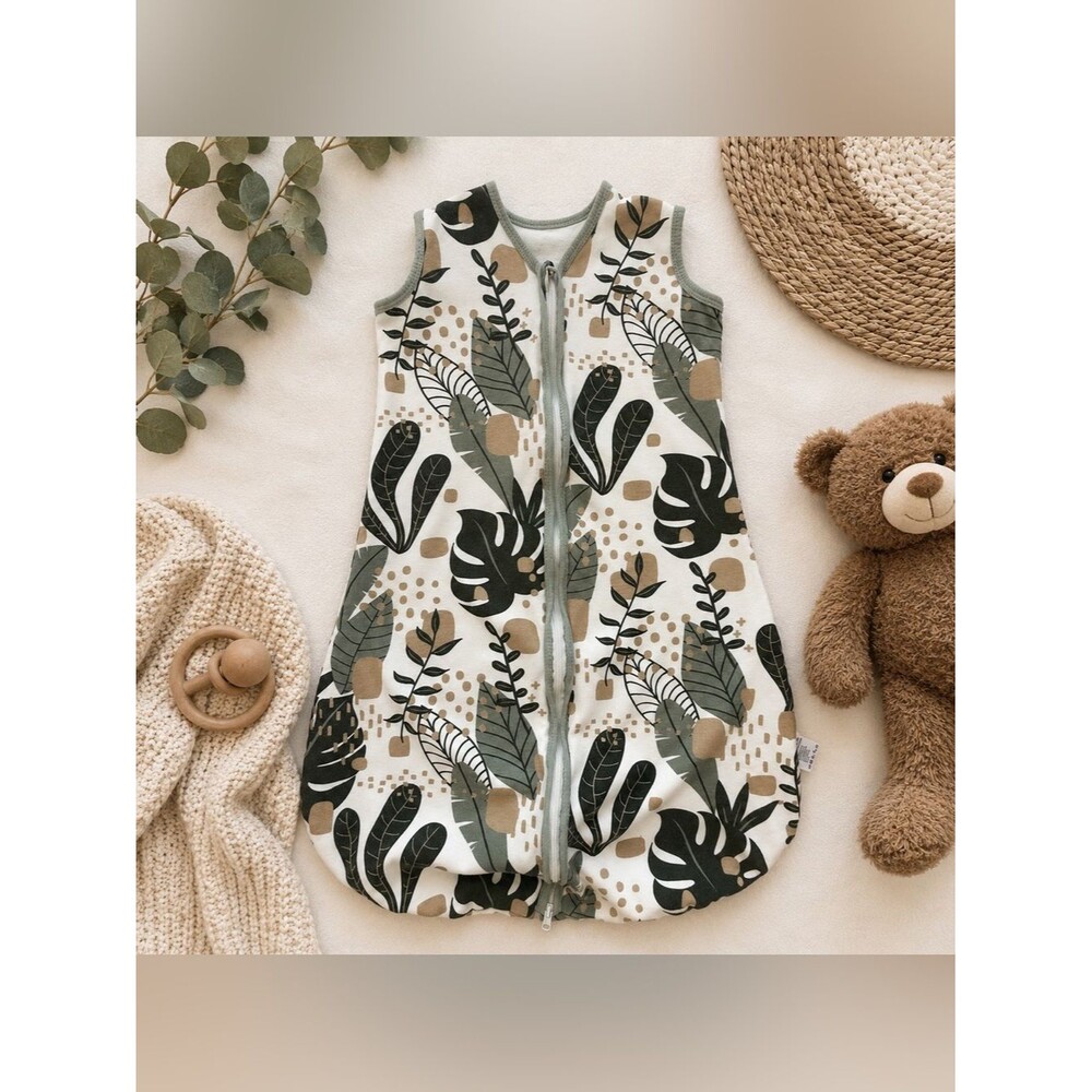 Organic Cotton Baby Sleep Sack Leaf Print Green Tan 9-12M